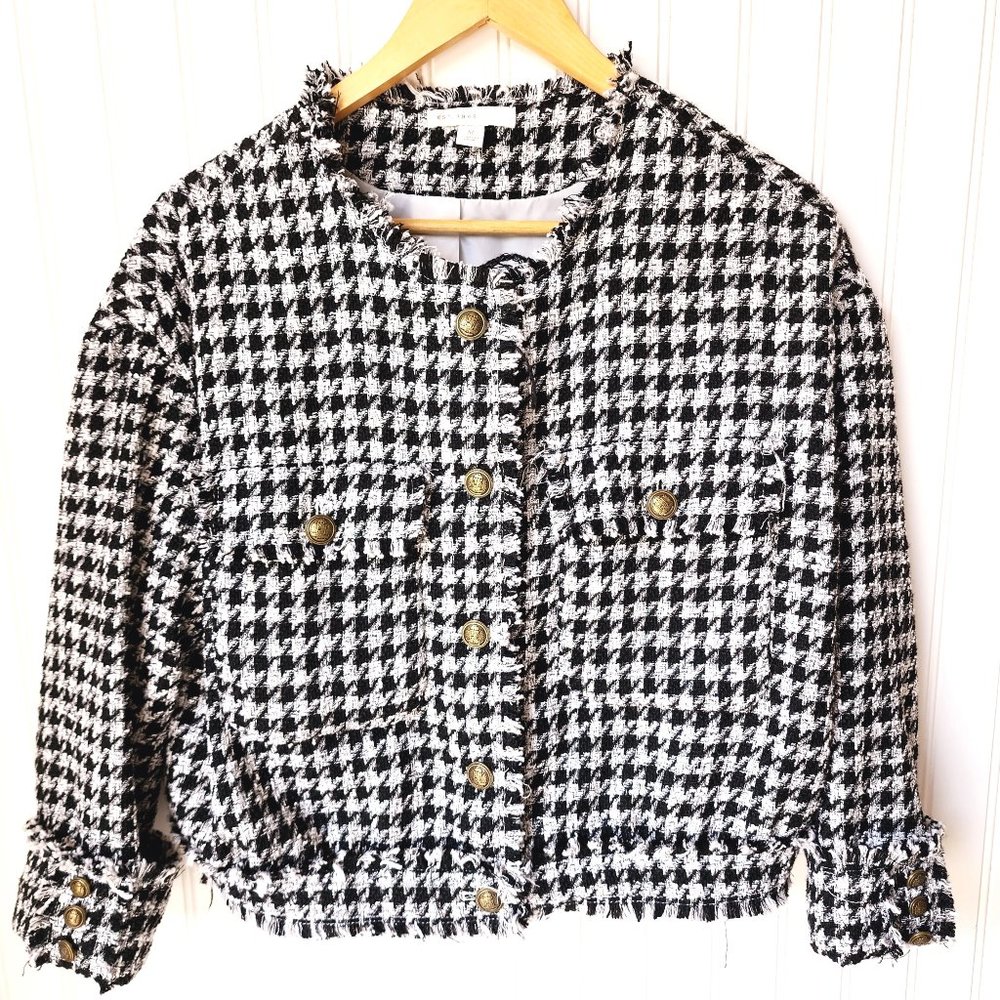 C. Established 1946 Womans Jacket Houndstooth Pattern Fringe Trim Size M Blk/Wht